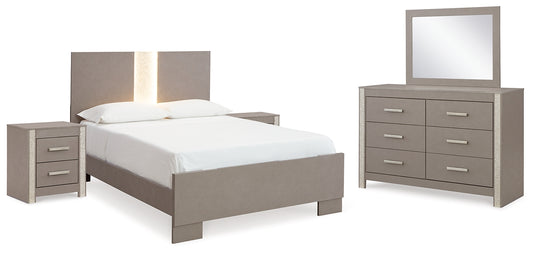 Surancha Full Panel Bed with Mirrored Dresser and 2 Nightstands