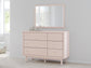 Wistenpine Full Upholstered Panel Headboard with Mirrored Dresser and Chest